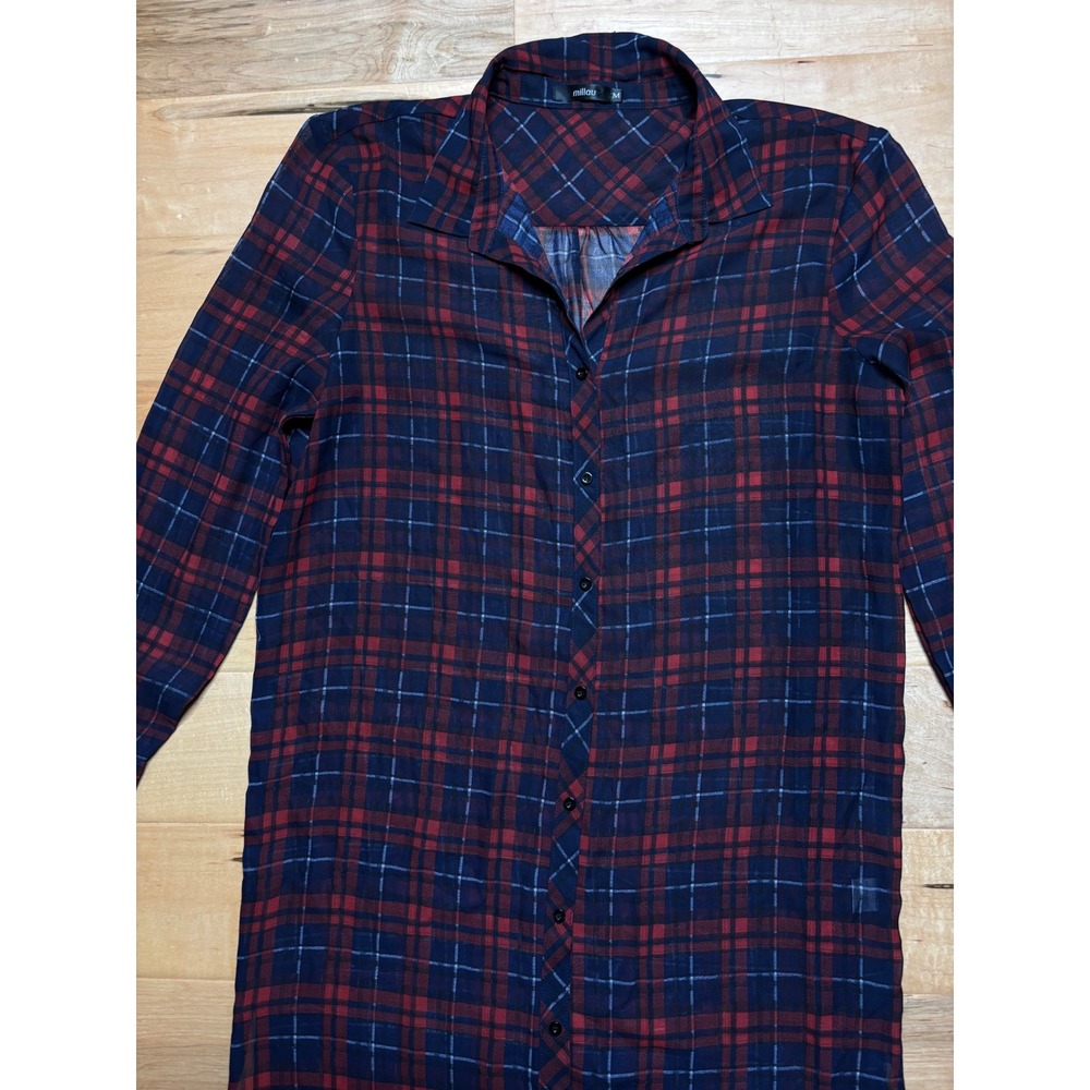 Millau Shirt Dress Women‎ M Red Blue Plaid Sheer Long Sleeve Button Front Maxi